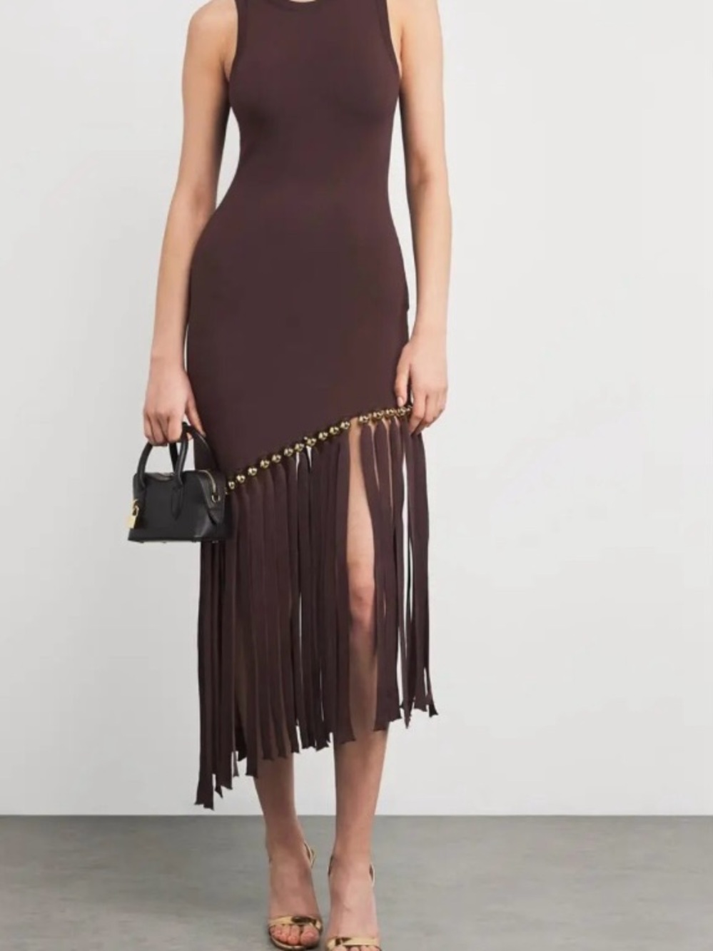 Innovare Denim Carreen Fringe Sleeveless Midi Dress Asymmetrical Gold Beads S